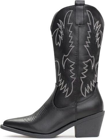 Cowboy Boots For Women Western Cowgirl Boots Pull On Pointy Toe Mid Calf | Embroidered Chunky Heel Classic Booties in Saudi Arabia