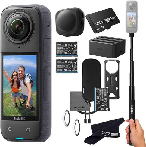 Insta360 X4 Battery Bundle- Waterproof 8K 360 Action Camera Bundle Includes Extra 2 Batteries, Charger, Invisible Selfie Stick, Lens Cap (128GB), Black in Saudi Arabia