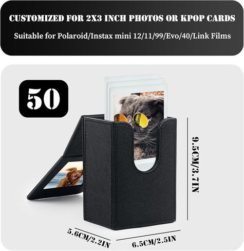 إطار صندوق تخزين حامل بطاقات Kpop صغير 2 × 3 و50 قطعة من حقائب الصور الشفافة لـ Fujifilm Instax Mini 12/11/99/9/7+/7s/40/EVO Film، صندوق تخزين صور بولارويد من جلد البولي يوريثان لبطاقة Kpop Photocard - أسود in Kuwait
