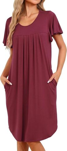 cheibear Womens Pleated Front Loose Fit Short Sleeve Nightgowns House Dress Loose Nightshirt with Hand Pockets in Saudi Arabia