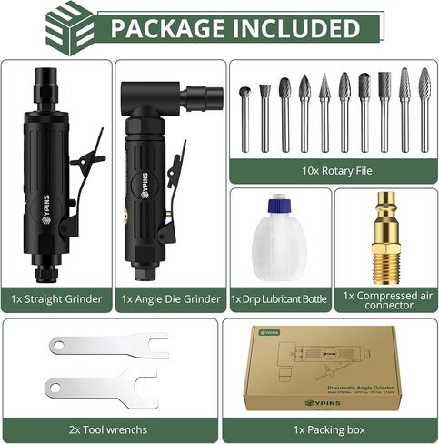 EYPINS Air Die Grinder Kit, Right Angle 90 Degree & Striaght Angle Grinder with 10 PCs Tungsten Steel Rotary File, Lightweight for Grinding, Cutting, Polishing and Deburring, etc in Kuwait