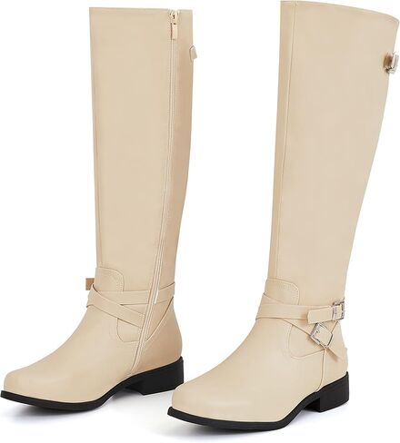 Ermonn Womens Knee High Boots Wide Calf Flat Low Heel Side Zipper Faux Leather Fashion Winter Riding Boot in Saudi Arabia