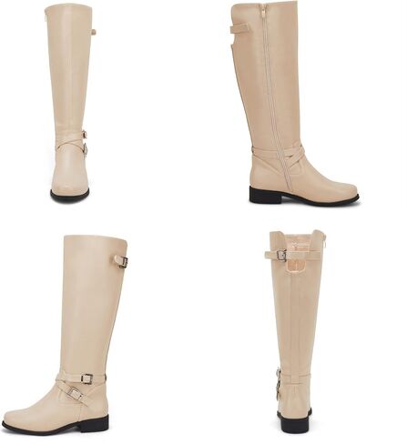 Ermonn Womens Knee High Boots Wide Calf Flat Low Heel Side Zipper Faux Leather Fashion Winter Riding Boot in Saudi Arabia
