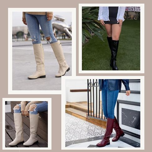 Ermonn Womens Knee High Boots Wide Calf Flat Low Heel Side Zipper Faux Leather Fashion Winter Riding Boot in Kuwait