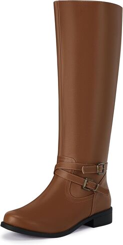 Ermonn Womens Knee High Boots Wide Calf Flat Low Heel Side Zipper Faux Leather Fashion Winter Riding Boot in Saudi Arabia