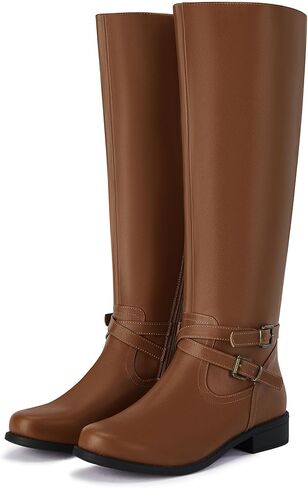 Ermonn Womens Knee High Boots Wide Calf Flat Low Heel Side Zipper Faux Leather Fashion Winter Riding Boot in Saudi Arabia