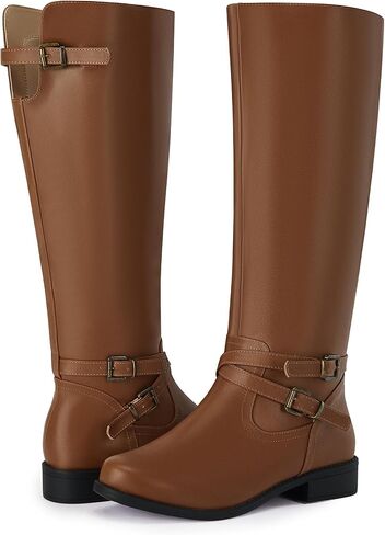 Ermonn Womens Knee High Boots Wide Calf Flat Low Heel Side Zipper Faux Leather Fashion Winter Riding Boot in Saudi Arabia