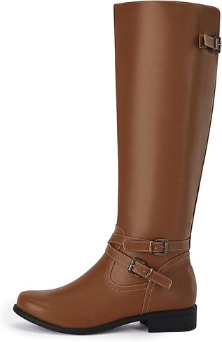 Ermonn Womens Knee High Boots Wide Calf Flat Low Heel Side Zipper Faux Leather Fashion Winter Riding Boot in Saudi Arabia