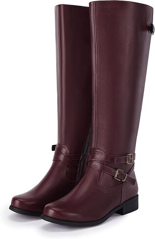 Ermonn Womens Knee High Boots Wide Calf Flat Low Heel Side Zipper Faux Leather Fashion Winter Riding Boot in Kuwait