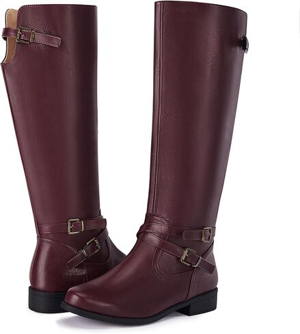 Ermonn Womens Knee High Boots Wide Calf Flat Low Heel Side Zipper Faux Leather Fashion Winter Riding Boot in Kuwait