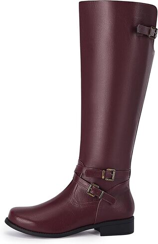 Ermonn Womens Knee High Boots Wide Calf Flat Low Heel Side Zipper Faux Leather Fashion Winter Riding Boot in Kuwait