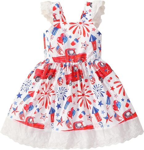 Akyzic Baby Girls 4th of July Dress Kids American Flag Patriotic Dresses Toddler Independence Day Outfits 1-8 Years in Saudi Arabia