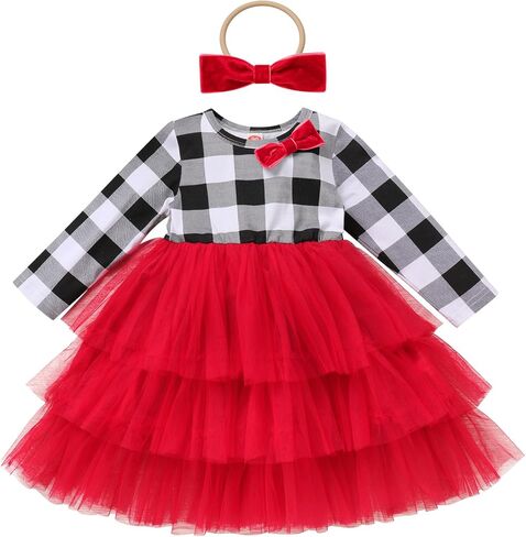 IDOPIP Toddler Baby Girls Christmas Plaid Tutu Dress with Headband Long Sleeve Princess Birthday Party Dresses Fall Clothes in Saudi Arabia