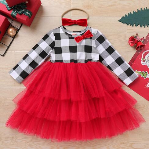 IDOPIP Toddler Baby Girls Christmas Plaid Tutu Dress with Headband Long Sleeve Princess Birthday Party Dresses Fall Clothes in Saudi Arabia