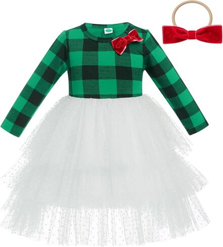 IDOPIP Toddler Baby Girls Christmas Plaid Tutu Dress with Headband Long Sleeve Princess Birthday Party Dresses Fall Clothes in Saudi Arabia