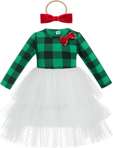 IDOPIP Toddler Baby Girls Christmas Plaid Tutu Dress with Headband Long Sleeve Princess Birthday Party Dresses Fall Clothes in Saudi Arabia