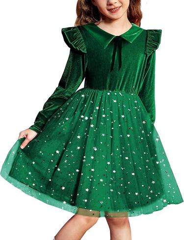 Toddler Baby Girls Dress Tulle Tutu Velvet Tie Collar Button Ruffle Long Sleeve Stars Princess Party Dresses in Kuwait