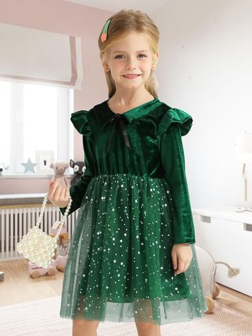 Toddler Baby Girls Dress Tulle Tutu Velvet Tie Collar Button Ruffle Long Sleeve Stars Princess Party Dresses in Kuwait