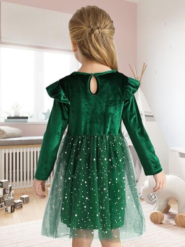 Toddler Baby Girls Dress Tulle Tutu Velvet Tie Collar Button Ruffle Long Sleeve Stars Princess Party Dresses in Kuwait
