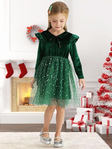 Toddler Baby Girls Dress Tulle Tutu Velvet Tie Collar Button Ruffle Long Sleeve Stars Princess Party Dresses in Kuwait
