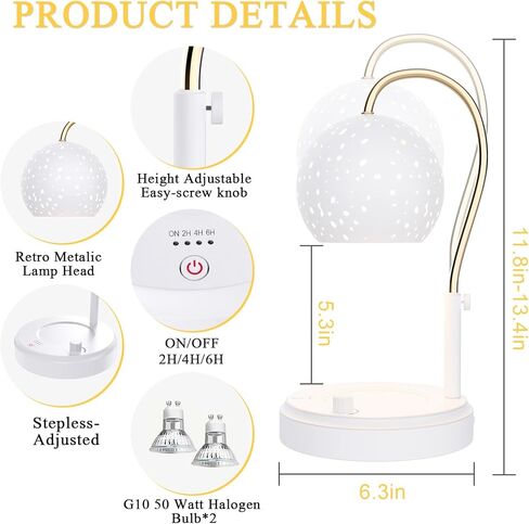 مصباح تدفئة الشموع مع مؤقت، سخان شموع قابل للتعتيم بدون خطوات، سخان شموع كهربائي بارتفاع قابل للتعديل، سخان شمع للشمع المعطر مع مصباحين، للمهرجانات وديكور المنزل (أسود صغير) in Kuwait