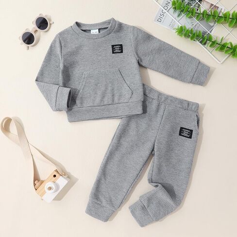 YOUNGER TREE Toddler Baby Boy Clothes Outfits Fall Winter Pullover Long Sleeve Solid Sweatshirt and Pants Sweatsuit Set 1-5T in Kuwait