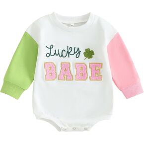 Dcohmch Baby Girl St Patricks Day Outfit Letter Embroidery Contrast Color Long Sleeve Romper Newborn Shamrock Shirt