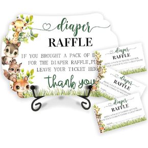 Baby Shower Diaper Raffle Wooden Sign Set, Safari Jungle Animals Wooden Sign With Self-Stand Support & 50 Diaper Raffle Tickets For Baby Shower, Baby Announcement, Gender Reveal, Party Supplies - A05