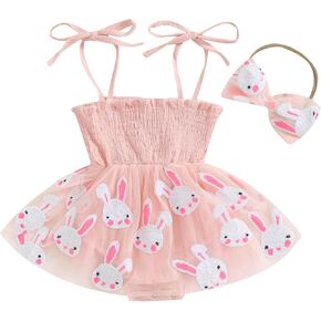 Newborn Baby Girl Easter Outfit Bunny Romper Dress Onesie Sleeveless Halter Tutu Skirt with Headband