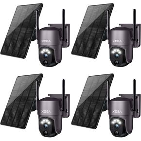 Xega 4 Pack Security Camera Wireless Outdoor 2K 360° PTZ Camera Solar Security Cameras 2.4G WiFi Video Surveillance w/Spotlight & Siren, Color Night Vision, AI Motion Detection, 2-Way Talk, IP66