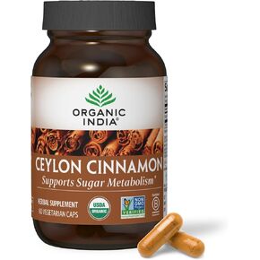 ORGANIC INDIA Ceylon Cinnamon Herbal Supplement - Vegan, Gluten-Free, Kosher, USDA Certified Organic, Non-GMO - 90 Capsules