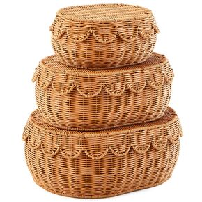 Juexica 3 Pcs Scalloped Basket with Lid Hand Woven Wicker Basket Set 18 x 14 x 6 Inch Rattan Storage Basket, Decorative Scalloped Edge Basket for Bread Picnic Table Bathroom Decor