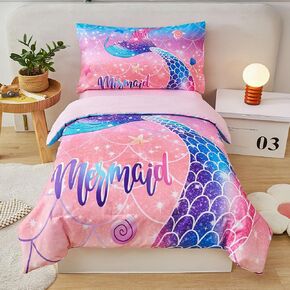 ZRNBAST 4 Pcs Toddler Bedding Set for Girls Mermaid Print Toddler Comforter Set Pink Purple Gradient Glitter Bedding Set with Sheets for Kids, Shell Starfish Print Bedding, Purple Fish Scale