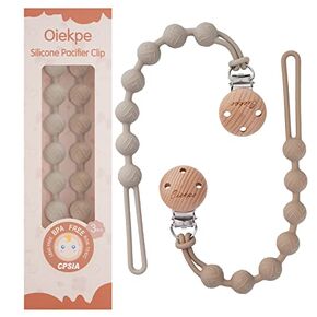 Pacifier Clips for Baby Boys Girl - 100% Food Grade Silicone, One Piece Pacifier Clip Holder, Wooden Clips Design, Paci Clip Soothe Baby Binky Holder for Shower Birthday Gift(Sand+Linght Grey)