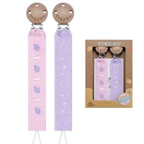 TYRY.HU Pacifier Clip for Baby Girls,Webbing Pacifier Holder,Neutral Binky Clips, Embroidery Ribbon Pacifier Leash Universally Fits All Pacifiers Styles, Baby Birthday Gift, 2 Pack(Pink, Purple)