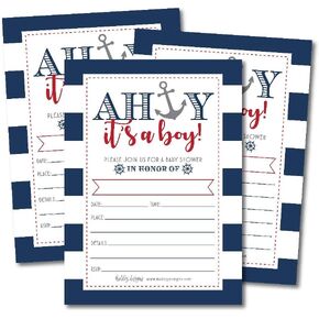 25 Ahoy It's A Boy Nautical Baby Shower Invitations, Sprinkle Invite for Little Man Gender Anchor Theme, Cute Printed Fill or Write In Blank Printable Card, Unique Vintage Coed Party Paper Supplies