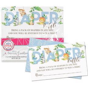 Watercolor Jungle Animals Diaper Raffle Tickets for Boy Baby Showers, 20 2" X 3" Double Sided Insert Cards for Games by AmandaCreation, Bring a Pack of Diapers to Win Favors & Prizes!
