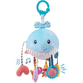 Jollybaby Plush Stuffed Activity Pull String Hanging Toys for Stroller Car Seat Crib or Gym, Montessori Sensory Carseat Toy for Baby 0-3-6-12-18 Months, Whale Toy for Infant Baby Boy Girl Gifts