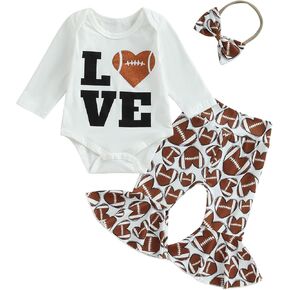 BULINGNA 3Pcs Infant Baby Girl Football Season Outfits Love Bodysuit Romper Heart Shape Football Flared Pants with Headband