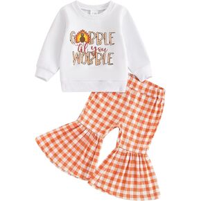 Toddler Baby Girl Thanksgiving Outfits Turkey Print Long Sleeve Sweatshirts Plaid Flare Pants 2Pcs Fall Clothes