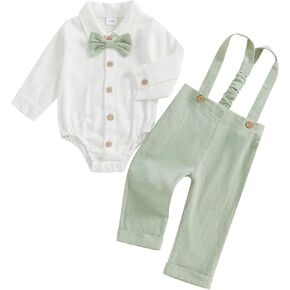 Baby Boy Clothes Button-down Dress Shirt Romper Pants with Bowtie Suspender Infant Toddler Gentleman Suits Wedding Outfit