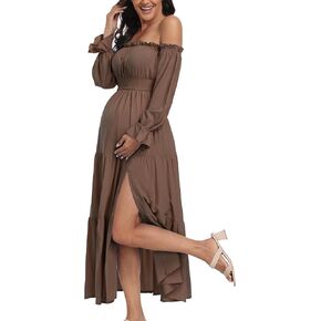 Summer Boho Off Shoulder Maternity Dresses Brown M