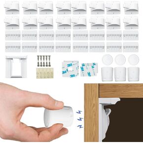Baby Proofing Magnetic Cabinet Locks (16 Locks & 3 Keys), Child Proof Safety Latches for Drawer Doors Cupboard Kitchen Bedroom, Adhesive or Screw Two Easy Installation Methods
