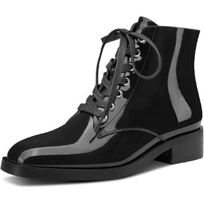 Aachcol Womens Combat Boots Square Toe Lug Sole Ankle Boots with Side Zipper Fashion Lace-up Patent Leather Booties 1.4 Inches Heels