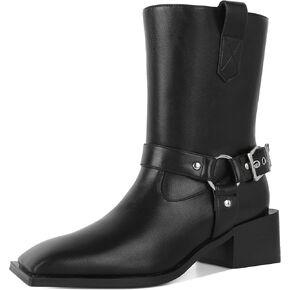 Joseywade Women's Ankle Boots 2 Inch Low Heel Pull On Metal Buckles Strap Biker Riding Boots Mid Calf Boots US Size 6-12