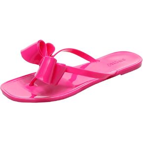 Studded Sandals for Women Bow Flip Flops Jelly Shoes Womens Beige Jellies Flat Summer Beach Thong Slides with Rivets Dressy Slippers Slip On