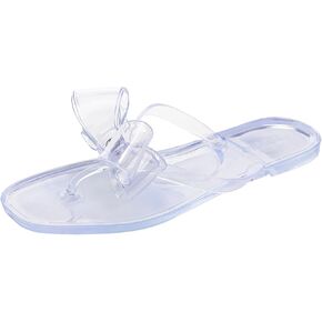 Studded Sandals for Women Bow Flip Flops Jelly Shoes Womens Beige Jellies Flat Summer Beach Thong Slides with Rivets Dressy Slippers Slip On
