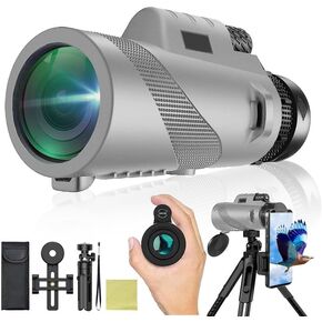 80x100 Monocular Telescope High Power Monocular for Adults with Smartphone Adapter, HD Compact Monocular BAK-4 Prism for Bird Watching, Camping, Hunting, Hiking, grey-d