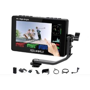 FEELWORLD F5 Prox Camera Monitor 5.5 Inch High Bright 1600 Nit Touch Screen 4K HDMI 1920 * 1080 3D LUT 5V Type-c Power Supply Full HD DSLR Field Video Monitor with Battery Tilt Arm 12V Adapter