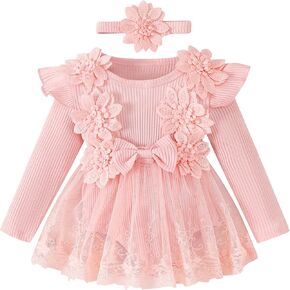 ABAFIP Newborn Baby Girl Ribbed Romper Dress Ruffle Knit Long Sleeve Floral Lace Tutu Dress Fall Outfits